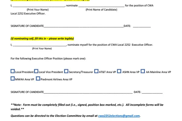 CWA LOCAL 2252 EXECUTIVE OFFICER NOMINATION PETITION